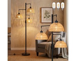 MUPOO Rotan staande lamp - 3 Boho Lampenkap - met 3 lampen Dimbaar - 180cm - Vloerlamp woonkamer - Leeslamp slaapkamer - E27 fitting
