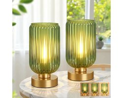 MUPOO Set van 2 Draadloze Tafellamp Modern met touch - Oplaadbare 7500 mAh - met Dimfunctie - Gouden voet en Groene Glazen Kap voor woonkamer - E27-fitting - Vintage Bedlampje
