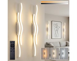 MUPOO Set van 2 Oplaadbare Wandlamp Binnen Wit – Draadloze LED Wandlampen met Wavy Line Design – Dimbaar 3000K-6500K – Touch & Afstandsbediening – USB-C – Moderne Muurlampen voor Woonkamer Slaapkamer Gang