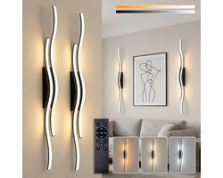 MUPOO Set van 2 Oplaadbare Wandlamp Binnen Zwart – Draadloze & Dimbare LED Muurlampen – 3000K-6500K Kleurinstelling – Wavy Line Design – Touch + Afstandsbediening – USB-C – Wandlampen voor Woonkamer Slaapkamer Hal