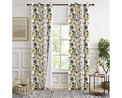 MUPOO verduisterende gordijnen set van 2, 127 x 274 cm per paneel, wit polyester met citroen-, bloemen- en vogelprint, 100% lichtblokkerend met thermische voering en 8 bronzen ringen voor gordijnroede, slaapkamer en woonkamer