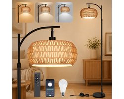 MUPOO Vloerlamp Woonkamer - Boho Rotan Staande Lamp met Stoffen Lampenkap - Traploos Dimbaar met APP Afstandsbediening - 360° Draaibare Arm - Hoogte Verstelbaar en Voetschakelaar- leeslamp staand voor Slaapkamer Kantoor