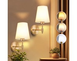 MUPOO wandlamp binnen met Linnen Kap-Landelijke stijl goud bedlampje wand- wandlampen met 3 lichtkleuren-Inclusief E27 lamp-Nachtlampje voor Slaapkamer,Woonkamer,Gang & Hal-2 stuks