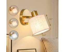 MUPOO wandlamp binnen met Linnen Kap met 360° Draaibaar & 90° Kantelbaar- Hotel Chique Verstelbaar Dimbare E27 bedlampje wand met Schakelaar-Leeslamp wand Voor Slaapkamer Woonkamer Gang Hal -Inclusief lichtbron-Goud-1 stuk