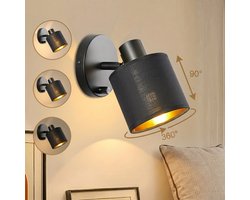 MUPOO wandlamp binnen met Linnen Kap met 360° Draaibaar & 90° Kantelbaar- Hotel Chique Verstelbaar Dimbare E27 bedlampje wand met Schakelaar-nachtlampje Voor Slaapkamer Woonkamer Gang Hal -Zwart-1 stuk