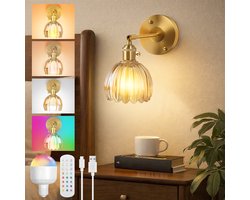 MUPOO Wandlamp binnen oplaadbaar Amber Glas Tulpvorm met afstandsbediening 2 in 1 draadloze/bedraad– Retro LED bedlampje wand dimbaar -3 lichtkleuren + RGB -zonder bedrading-Timer-decoratieve wandlampen voor slaapkamer,woonkamer,gang-1 stuk