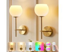 MUPOO Wandlamp binnen Oplaadbaar Draadloos Opaalglas met afstandsbediening-Hotel Chique Dimmbaar RGB bedlampje wand- Timer & 3 Lichtkleuren-Zonder boren-Nachtlampje wand voor Slaapkamer,Overloop,Nachtkastje,Gang & Hal-2 stuks