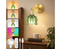 MUPOO Wandlamp binnen oplaadbaar Groen glazen lampenkap Tulpvorm met afstandsbediening 2 in 1 draadloze/bedraad– Retro LED bedlampje wand dimbaar -3 lichtkleuren+RGB -zonder bedrading-Timer-decoratieve wandlampen voor slaapkamer,woonkamer,gang-1 stuk