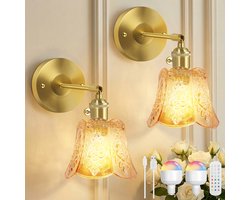 MUPOO Wandlamp binnen oplaadbaar met afstandsbediening –Vintage 2 in 1 draadloze/bedraad dimbaar bedlampjes Gegraveerd Glas met Tulpvorm kap wand- Zonder boren&Timer – nachtlampje wand voor slaapkamer café gang-2 stuks