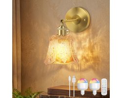 MUPOO Wandlamp binnen oplaadbare Relief glas met Tulpvorm kap 2 in 1 draadloze/bedraad– Hotel Chique LED bedlampjes wand met afstandsbediening – RGB & dimbaar – Zonder boren &Timer- vintage glazen Wandlampen voor slaapkamer, woonkamer en gang-1 stuk