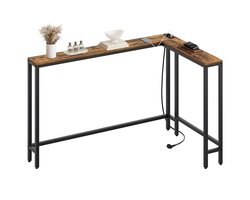 Mura Logistiek Bijzettafel - Sidetable - Wandtafel - Gangtafel - Console Table - Consoletafel Smal - Ingebouwd Stopcontact - Bruin
