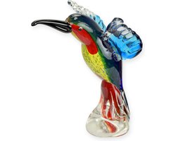 Murano stijl glazen ijsvogel beeldje – kleurrijk glazen kunstobject – handgemaakt decoratief vogelbeeld voor woonkamer of vitrinekast