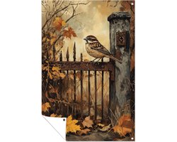 Mus op een oude poort - Vogel posters - Tuinwanddecoratie mus - Realisme - Tuinaccessoires - Poster tuin - tuinposter 60x90 cm