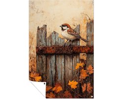 Mus op roestig hek in herfst - Vogel posters - Tuinmuurdecoratie mus - Realistische kunst - Tuinaccessoires - Tuindecoratie muurdecoratie - tuinposter 100x150 cm