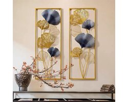 Muur Decoratie - 3D Wanddecoratie - Kamerdecoratie - Wandversiering - Kamer Decoratie - Kamer Accessoires - Planten Figuur - Set Van 2 - 85X31Cm - Goud - Blauw