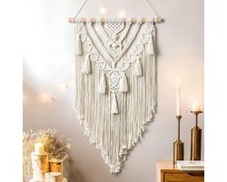 Muur Opknoping Geometrisch Geweven Wandtapijt Beige Katoen Handgemaakte Bohemian Art met Kwastje Craft Ornament voor Slaapkamer Woonkamer Appartement Kwekerij (Beige)