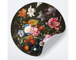 Muurcirkel bloemen | behangcirkel stilleven | Jan Davidsz "Vase of flowers" |  muursticker cirkel groot  | woonkamer muur decoratie accessoires | rond schilderij kunstwerk
