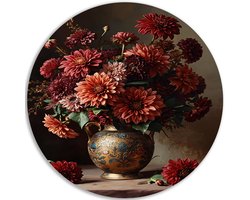 Muurcirkel Dibond - Bloem in vaas - Dahlia - Stilleven - Muurdecoratie - Woonkamer accessoires - Bordeaux - Wandcirkel oude meesters - 100x100 cm