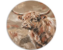 Muurcirkel Dibond - Decoratie woonkamer - Koe - Wanddecoratie metaal - Modern - Herfst - Muurdecoratie hal - Ronde schilderijen schotse hooglander - 40x40 cm
