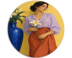 Muurcirkel Dibond - Decoratie woonkamer - Vrouw - Muurdecoratie - Geel - 100x100 cm
