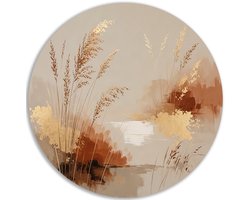 Muurcirkel Dibond - Japandi stijl - Botanicals - Wanddecoratie metaal - Beige - Muur muurdecoratie slaapkamer - Moderne schilderijen in huis - Woondecoratie - Decoratie woonkamer - 40x40 cm
