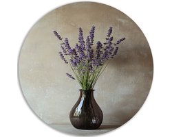 Muurcirkel Dibond - Japandi stijl - Lavendel - Bloem in vaas - Woondecoratie - Muur decoratie slaapkamer - Hal accessoires - Wanddecoratie metaal - 60x60 cm
