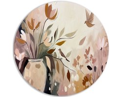 Muurcirkel Dibond - Rond schilderij met bloemen - Vaas - Moderne designs in huis - Accessoires woonkamer - Decoratie slaapkamer volwassenen - Japandi - Bladeren - 40x40 cm