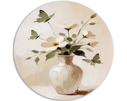 Muurcirkel Dibond - Wanddecoratie metaal - Botanicals - Schilderij vaas bloemen - Crème - Vlinder designs - Slaapkamer accessoires - Moderne kunstwerken in huis - 40x40 cm