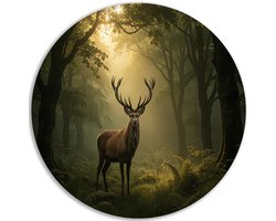 Muurcirkel Dibond - Wanddecoratie rond woonkamer - Mist - Muurdecoratie buiten metaal dieren - Accessoires hal - Decoratie - Hert - Bossen - 40x40 cm