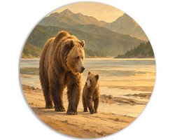 Muurcirkel PVC - Decoratie woonkamer - Beren - Schilderij dieren rond - Landelijk - Wanddecoratie - Hal accessoires - Bruin - Bergen designs - 60x60 cm