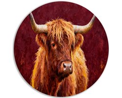 Muurcirkel PVC - Landelijk - Woonkamer accessoires - Wandcirkel dieren - Herfst - Bruin - Kunst aan de muur hal - Bordeaux - Schotse hooglander wanddecoratie - 100x100 cm