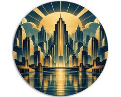 Muurcirkel PVC - Moderne schilderijen in huis - Steden - Decoratie industrieel - Blauw - Skyline - Muurdecoratie woonkamer - Art deco - Wanddecoratie rond hal - 40x40 cm