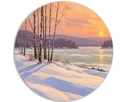 Muurcirkel PVC - Rond schilderij landschap - Lichtval - Decoratie woonkamer - Winter - Muurdecoratie - Slaapkamer wanddecoratie - Wit - 40x40 cm