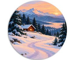 Muurcirkel PVC - Wanddecoratie rond woonkamer - Bergen - Decoratie hal - Winter - Muurdecoratie - Kamer - Blauw - 40x40 cm