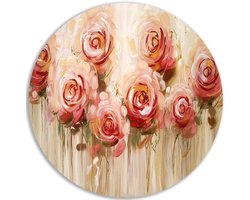 Muurcirkel PVC - Woonkamer decoratie - Bloemen - Schilderij rozen - Crème - Wanddecoratie - Muurdecoratie slaapkamer - Roze - 60x60 cm