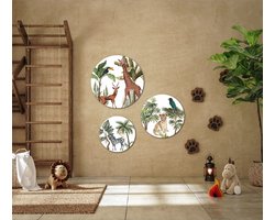 Muurcirkel / Wandcirkel dieren jungle thema middel - set van 3 muurcirkels + ophangsysteem - Decoratie kinderkamer / babykamer jongens & meisjes