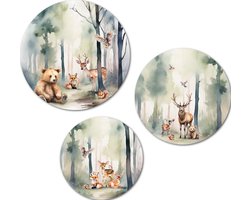 Muurcirkel / Wandcirkel Woodlands klein - set van 3 muurcirkels + ophangsysteem - Decoratie kinderkamer / babykamer jongens & meisjes