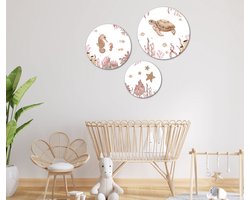Muurcirkel / Wandcirkel zeedieren nude middel - set van 3 muurcirkels + ophangsysteem - Decoratie kinderkamer / babykamer jongens & meisjes