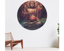 Muurcirkel zelfklevend behang - Boeddha met bladeren - Wanddecoratie - 140cm behangcirkel - Ronde sticker voor aan de muur - Behangsticker verkrijgbaar in verschillende formaten