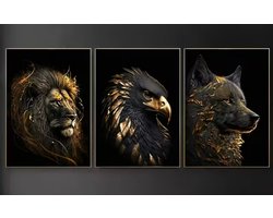 Muurdecoratie - 3-delige Moderne abstracte kunst - gouden leeuw, adelaar en wolf - Canvas Kunstset - Kleurrijke Neon Aquarel Posters - Zonder lijst - 30x40 cm
