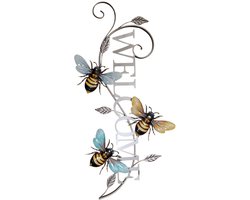Muurdecoratie metaal welcome met bijen - metaal geel en grijs 70x2x38