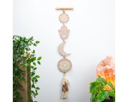 Muurdecoratie - Wanddecoratie - Wandhanger - Handgemaakte Terracotta Muurhanger Hamsa, Maan, Boze Oog en Mandala (80 cm)