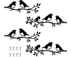 Muurkunst van metaal - 4 stuks - vogel op tak - liefdesvogels in één tak - decoratief vogelsilhouet - wanddecoratie voor woonkamer - tuin - slaapkamer - kantoor