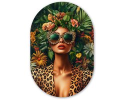 Muurovaal 40x60 cm - Ovale wanddecoratie Vrouw - Panterprint - Jungle - Natuur - Luxe - Ovalen schilderij - Muurdecoratie woonkamer - Kamer decoratie - Schilderijen - Wandcirkel