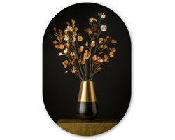 Muurovaal 60x90 cm - Ovale wanddecoratie Goudbruine - Bladeren - Vaas - Herfstachtig - Ovalen schilderij - Muurdecoratie woonkamer - Kamer decoratie - Schilderijen - Wandcirkel