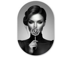 Muurovaal 60x90 cm - Ovale wanddecoratie Vrouw - Lolly - Zwart - Ovalen schilderij - Muurdecoratie woonkamer - Kamer decoratie - Schilderijen - Wandcirkel