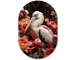 Muurovaal 60x90 cm - Wandovaal Pelikaan - Dier - Bloemen - Natuur - Botanisch - Roze - Kunststof wanddecoratie - Ovalen schilderij - Muurdecoratie woonkamer - Schilderijen - Ovale spiegel vorm op kunststof