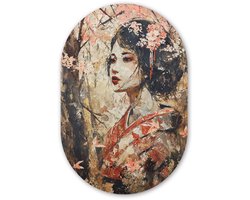 Muurovaal 80x120 cm - Ovale wanddecoratie Kimono - Vrouw - kersenbomen - Ovalen schilderij - Muurdecoratie woonkamer - Kamer decoratie - Schilderijen - Wandcirkel
