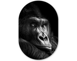 Muurovaal - Kunststof Wanddecoratie - Ovalen Schilderij - Gorilla - Aap - Zwart - Wit - Portret - 80x120 cm - Ovale spiegel vorm op kunststof