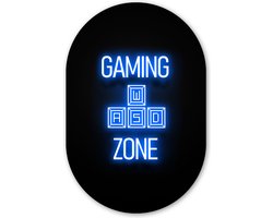 Muurovaal - Wandovaal - Kunststof Wanddecoratie - Ovalen Schilderij - Gaming - Tekst - Gaming zone - Neon - Blauw - 80x120 cm - Ovale spiegel vorm op kunststof